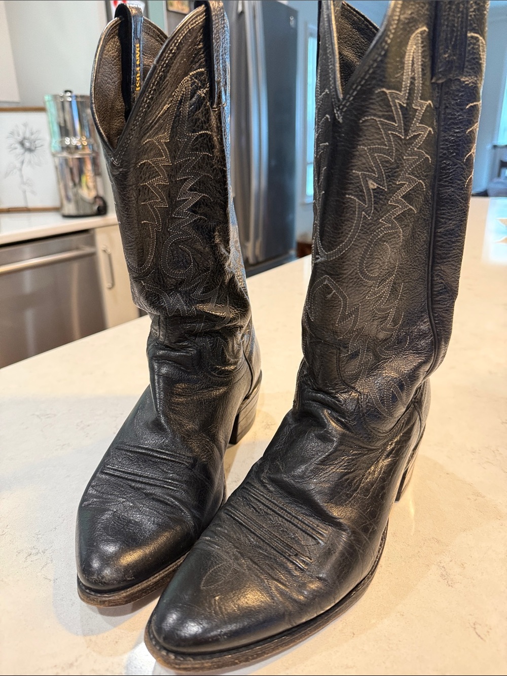 Vintage Dan Post Men's Black Leather Cowboy Boots - Size 8.5 E - Style W2553